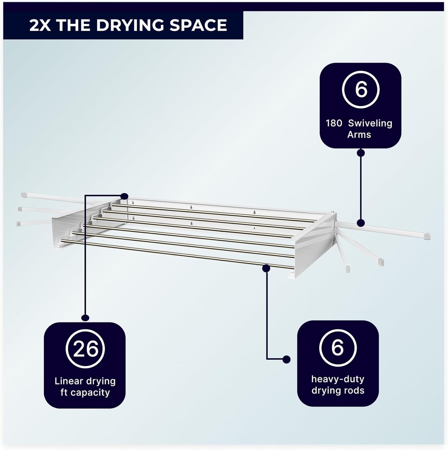 MODERN-X Wall Mounted Clothes Drying Rack with 6 Swivel arms, 35”Wide, 26 Linear ft of Laundry Drying Rack Space, 6 Collapsible Aluminum rods, 2X Drying Capacity, Space Organizer Holds up to 60lbs - NestledHome