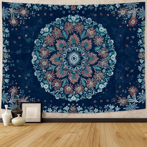 Boho Floral Mandala Tapestry Wall Hanging Blue Bohemian Flower Medallion Tapestry Aesthetic Vintage Navy Hippie Indian Small Tapestries for Bedroom Living Room Dorm Decor 40 x 30 Inch