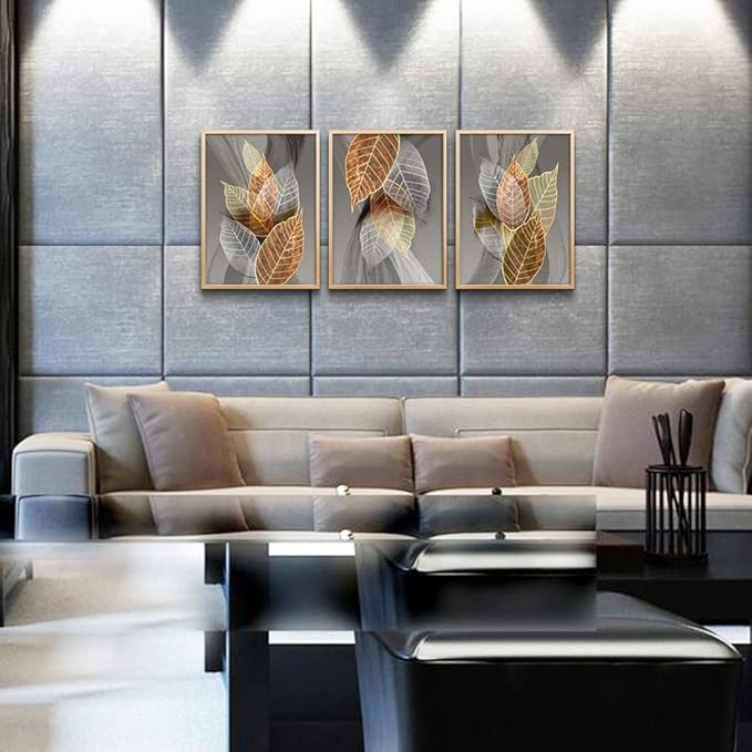 Natural Framed Canvas Wall Art - 3 Piece Abstract Leaves Prints for Living Room, Bedroom, Modern Bathroom, Kitchen Decor
