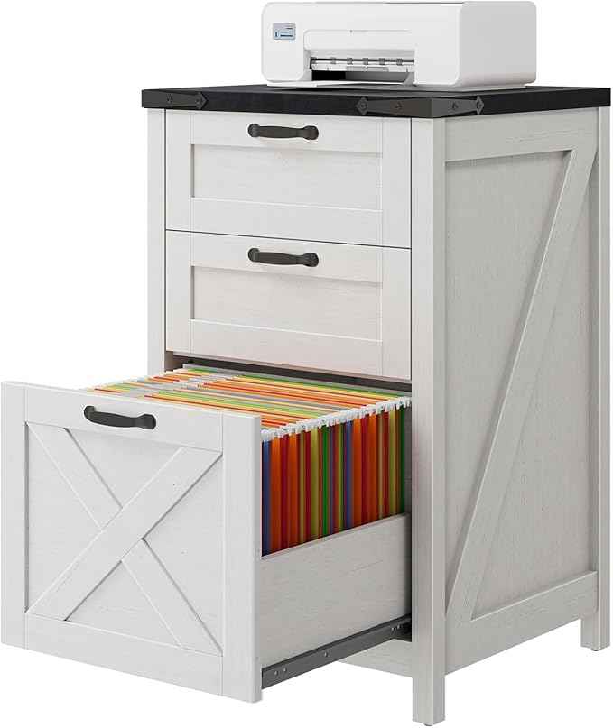 Vabches Vertical File Cabinet with 3 Drawers, Wooden Farmhouse Filing Cabinet for Letter/A4 Size Hanging Files, Under Desk Printer Stand with Storage for Home Office, White and Black