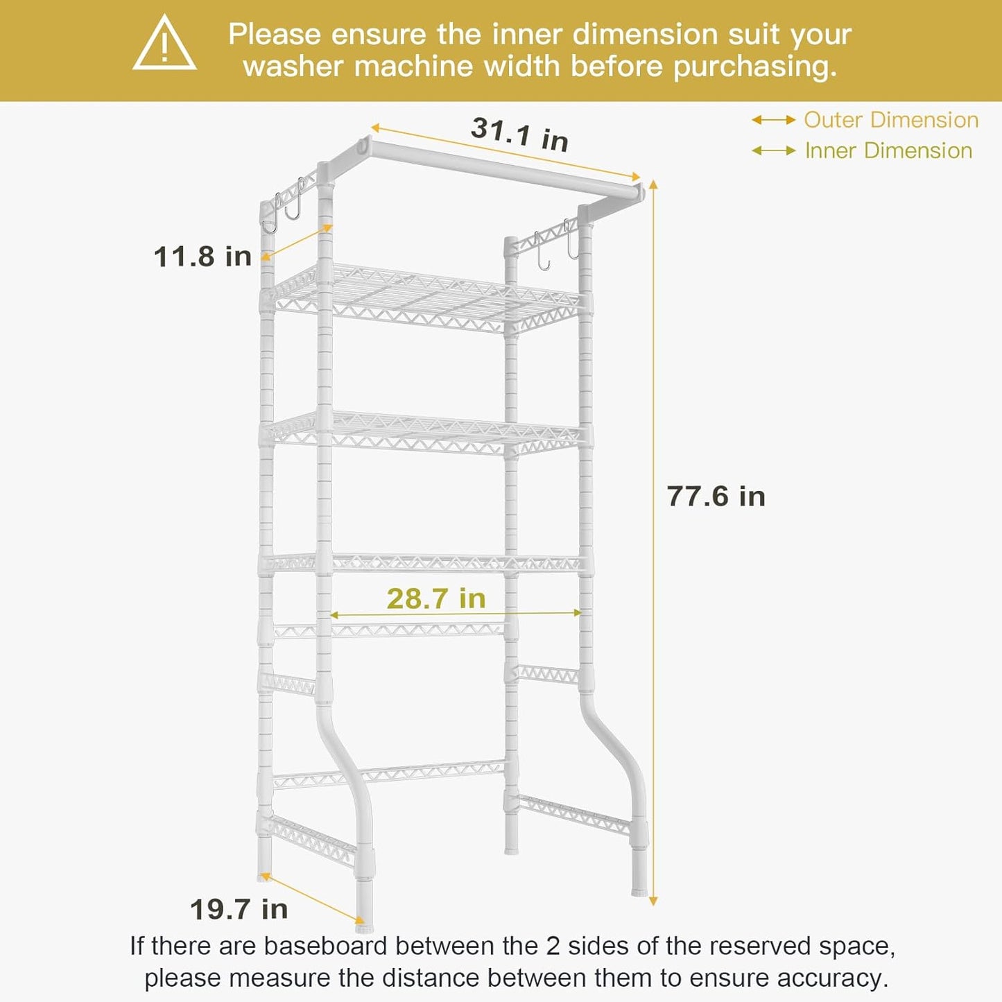 Ulif U11 Medium Over Washer and Dryer Shelves, 3 Tiers Laundry Room Storage and Organizer Standing Shelf, Metal Freestanding Clothes Drying Rack, 31.1”W x 19.7”D x 77.6”H, White - NestledHome