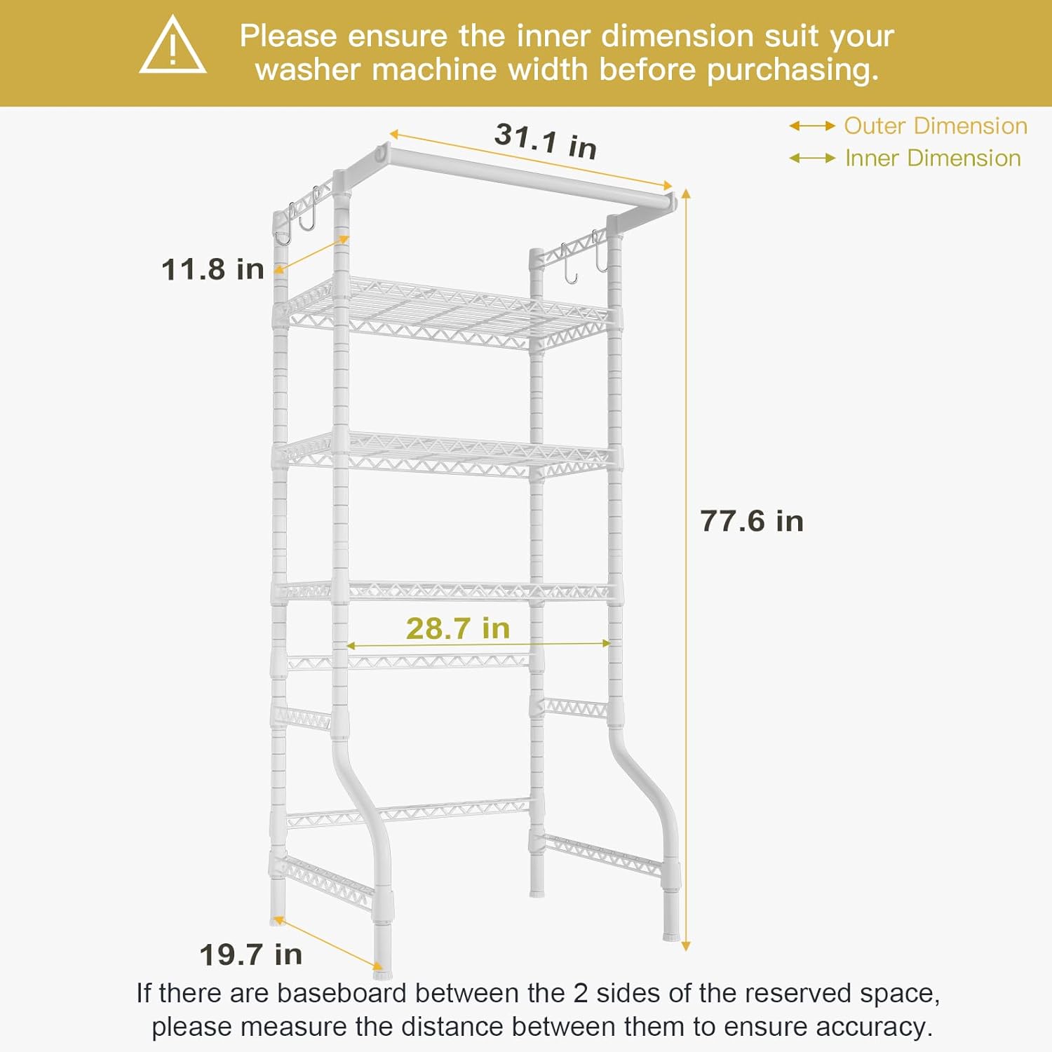 Ulif U11 Medium Over Washer and Dryer Shelves, 3 Tiers Laundry Room Storage and Organizer Standing Shelf, Metal Freestanding Clothes Drying Rack, 31.1”W x 19.7”D x 77.6”H, White - NestledHome