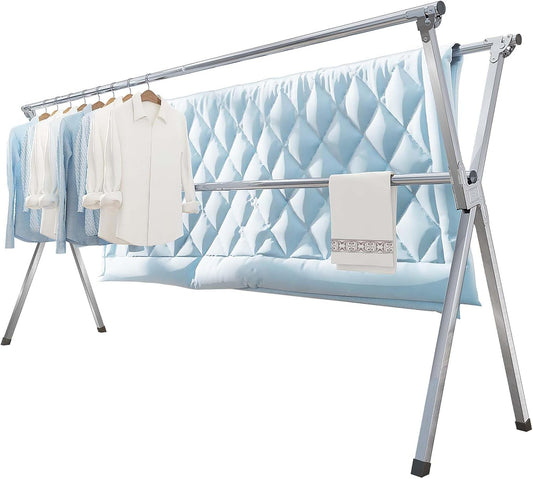 Clothes Drying Rack 95 Inches Folding Outdoor Indoor, Drying Rack Clothing Collapsible, Foldable Laundry Drying Rack, Heavy Duty Stainless Steel Clothesline, 20 Hooks 12 Clips - NestledHome
