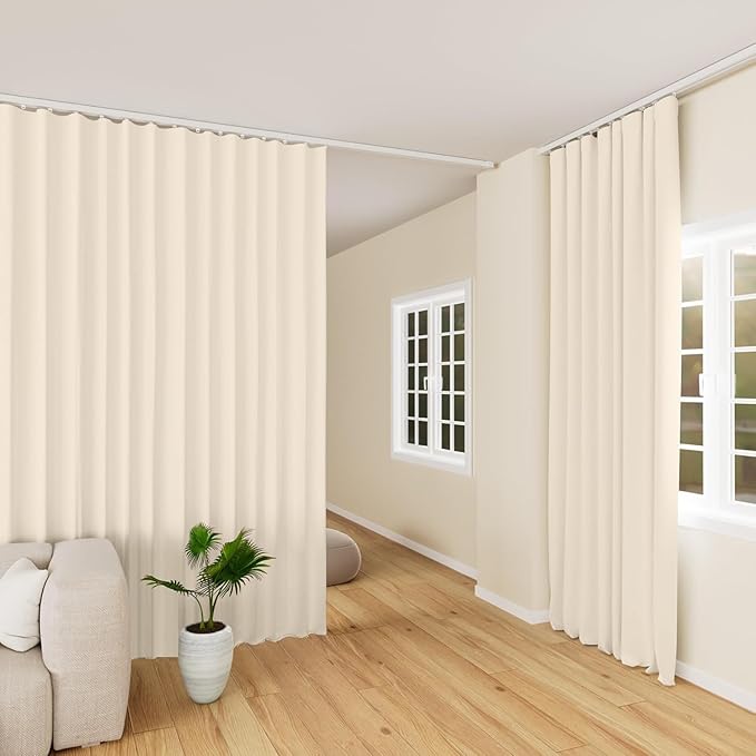 Room Divider Curtains Blackout Floor to Ceiling Curtain with Hook Wall Mount Sliding Door Curtains Ceiling Mount Extra Wide Curtain Wall Divider for Room Separation (Beige, W100 x H120 Inch)