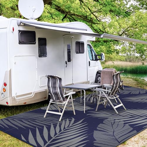Outdoor Rug Waterproof Plastic Rugs 10'x14' for Camping Blue Grey