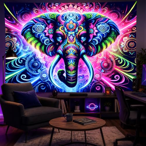 Blacklight Tapestry Elephant Mandala Wall Art 78 x 59 Inch
