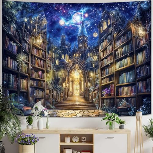 Fantasy Bookshelf Tapestry Space Library Tapestries Wall Hanging Gothic Galaxy Castle Magic Book Large Tapestry for Bedroom Living Room Dorm Classroom 80 x 60 inch