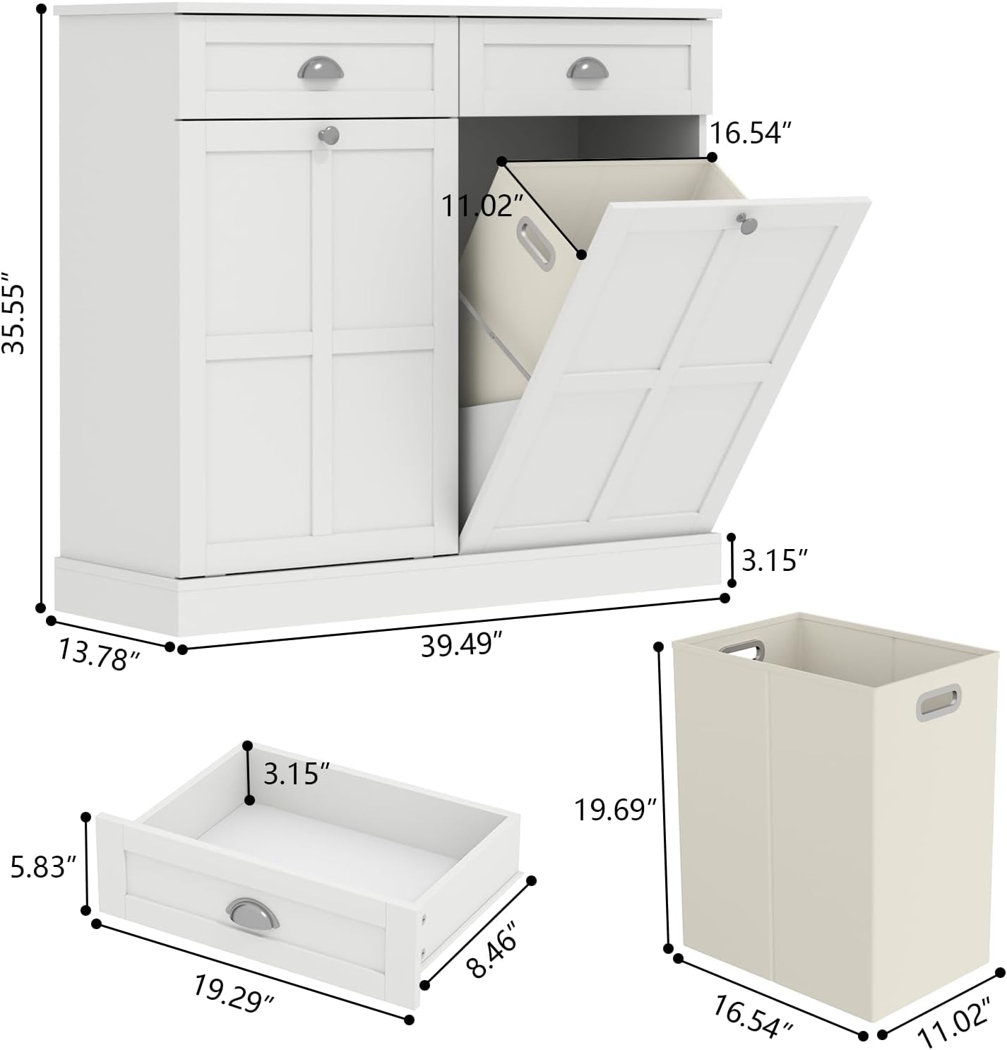 Loomie Double Tilt Out Laundry Hamper Cabinet, Hidden Laundry Cabinet with 2 Drawers & 2 Baskets, 30 Gallon Trash Can for Bathroom, Kitchen, White - NestledHome