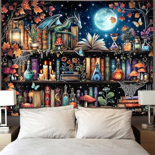 Dragon Bookshelf Tapestry Witchy Mushroom Bookshelf Tapestries Wall Hanging Gothic Medieval Fantasy Moon Dark Academia Book Extra Large Tapestry for Bedroom Living Room Dorm 90 x 68 inch