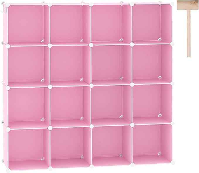 C&AHOME Cube Storage Organizer, 16-Cube Shelves Units, Plastic Storage Cubes, DIY Closet Organizer, Modular Closet Storage Shelves Ideal for Home, Bedroom, 48.4" L × 12.4" W × 48.4" H Pink UPCS16P