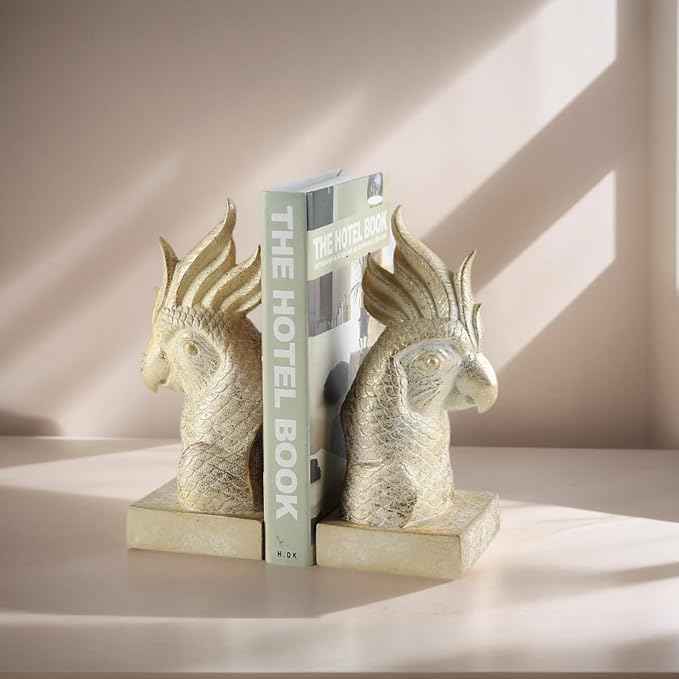 Golden Parrot Decorative Bookends,Set of 2 Cute Bird Animal Sculpture Book Ends to Hold Hevay Duty Books,Unique Resin Statues Book Stopper for Home Office Desk Bookshelf Decor