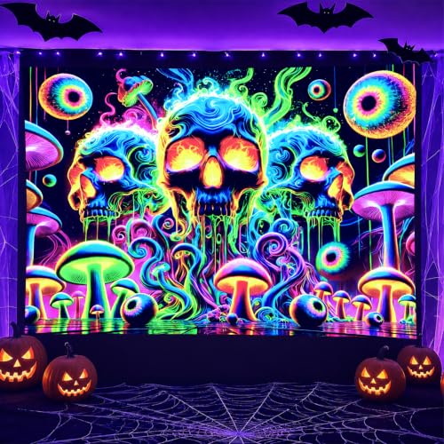 Blacklight Tapestry Skull Surreal Wall Art 78 x 59 Inch