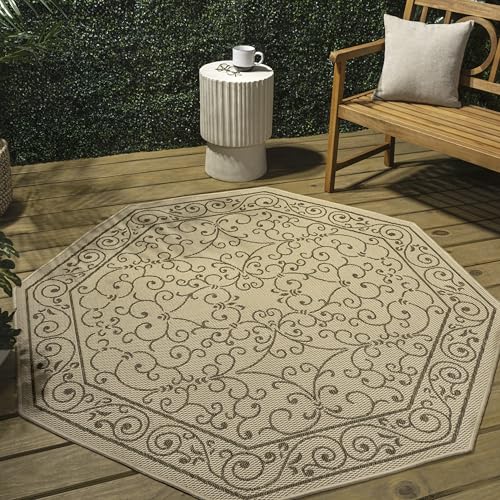 Vintage Filigree Indoor Outdoor Octagon Area Rug 8 Ft Beige