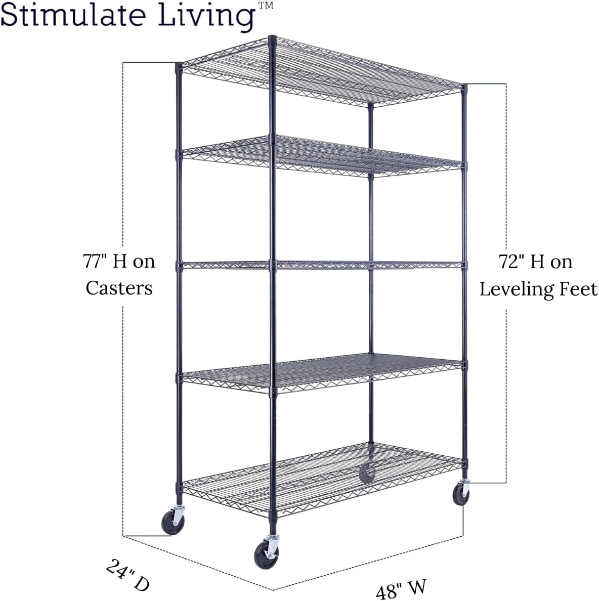 48"x24"x72" Prime Heavy Duty Black 5-Tier Steel Wire Shelving NSF 4000 LBS MAX Capacity Storage Rack for Commercial, School, Home, Garage, Warehouse, Industrial, and Hospital Uses (with Wheels) - NestledHome