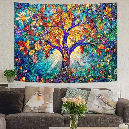 Tree of Life Tapestry Stained Glass Tapestry Wall Decor Tapestries for Bedroom Art Tapestries Wall Hanging for Bedroom Living Room Glass