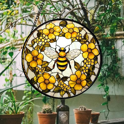 Bee Wreath Stained Glass Window Hanging Suncatcher Gifts for Women 15"