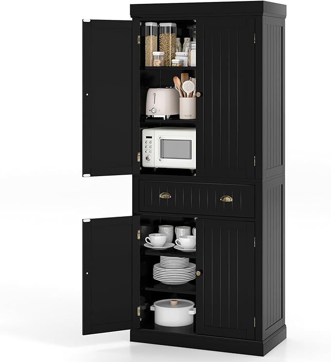 Nightcore Freestanding Kitchen Pantry Cupboard, 6ft Wood Cupboard w/ 4 Adjustable Shelves, 2 Wood Pantries, & 1 Drawer, Utility Storage Cabinet for Kitchen, Hallway, Living Room, Bathroom (Black)