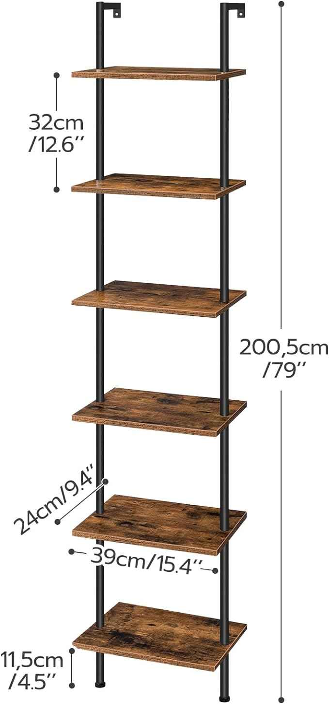 HOOBRO DIY Ladder Shelf, 6-Tier Wooden Wall Mounted Bookshelf, Narrow Bookcase, Display Shelf, Storage Rack, Plant Stand, for Living Room, Bedroom, Study, Balcony, Rustic Brown and Black BF651CJ01