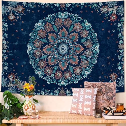 Boho Floral Mandala Tapestry Wall Hanging Blue Bohemian Flower Medallion Tapestry Aesthetic Vintage Navy Hippie Indian Small Tapestries for Bedroom Living Room Dorm Decor 60 x 44 Inch