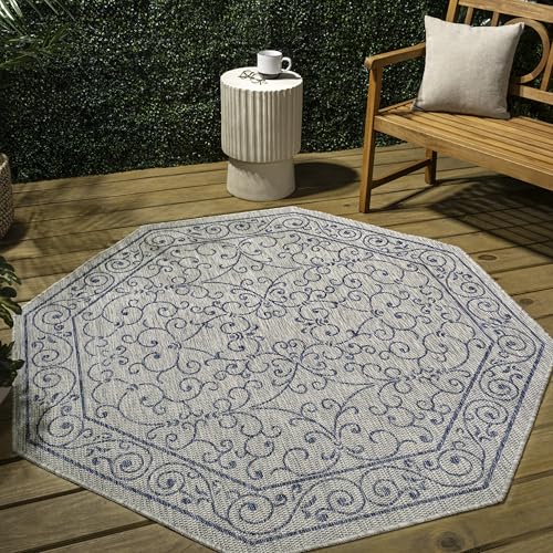 Vintage Filigree Indoor Outdoor Octagon Area Rug 5 Ft Gray