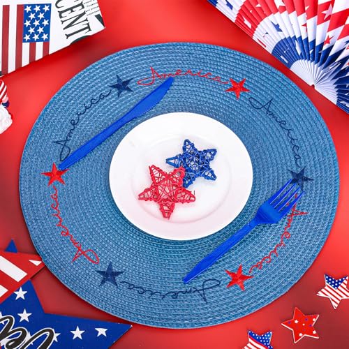 4Pcs Round Patriotic Placemats Stars Embroidered Place Mats 4th of July Dinner Table Mats for Independence Day 250th Anniversary Home Birthday Party Decor (4 Count)