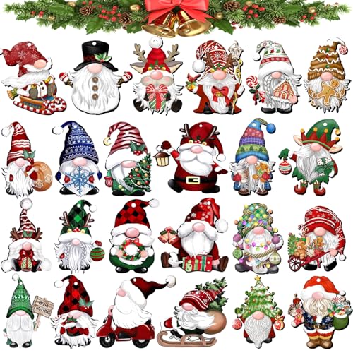 24Pcs Christmas Gnome Ornaments Unduplicates Wooden Hanging Ornaments for Xmas Tree