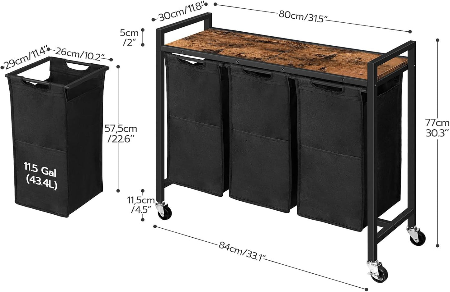 HOOBRO Laundry Sorter 3 Section, Laundry Hamper with Wheels, 3 × 11.5 Gal (43.5 L), Rolling Laundry Basket, Pull-Out and Removable Oxford Fabric Laundry Bags, Rustic Brown and Black BF76XY01 - NestledHome