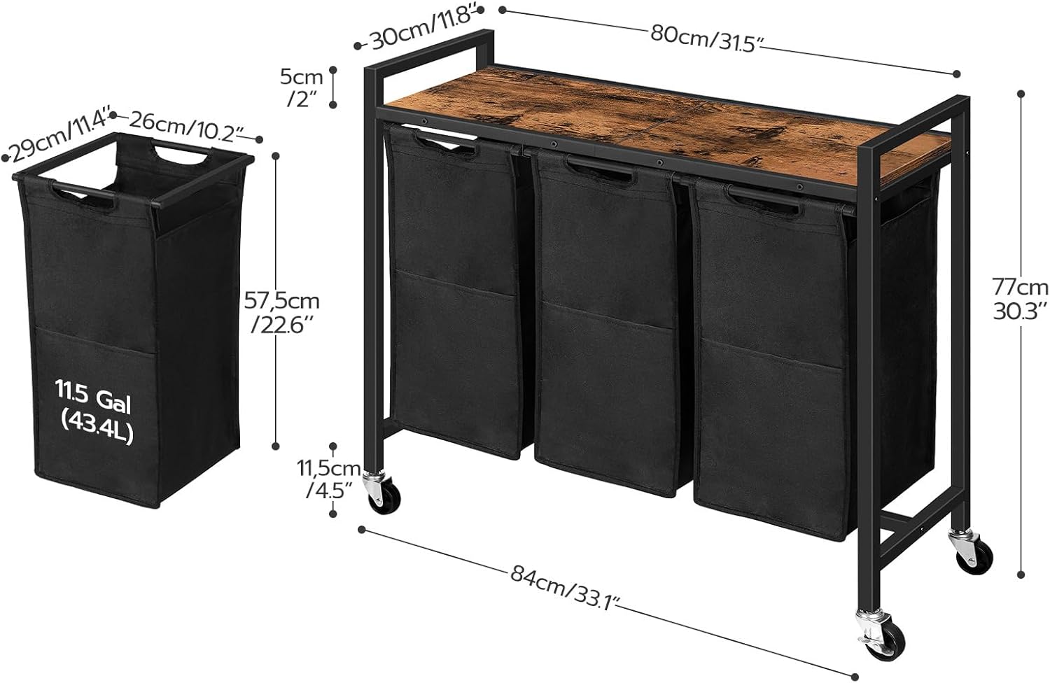 HOOBRO Laundry Sorter 3 Section, Laundry Hamper with Wheels, 3 × 11.5 Gal (43.5 L), Rolling Laundry Basket, Pull-Out and Removable Oxford Fabric Laundry Bags, Rustic Brown and Black BF76XY01 - NestledHome