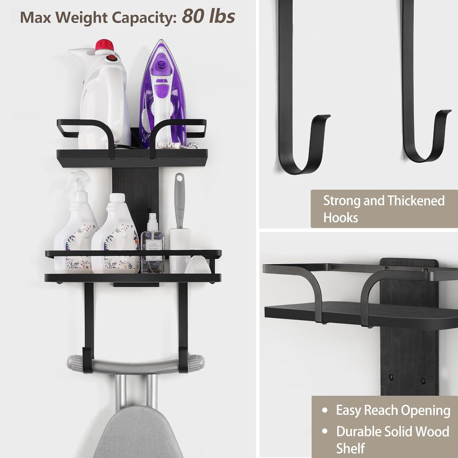 VINAEMO Ironing Board Hanger Wall Mount, 2-Layer Iron and Ironing Board Holder, Laundry Room Shelves Solid Wood with Removable Hooks Home Organization and Storage - NestledHome