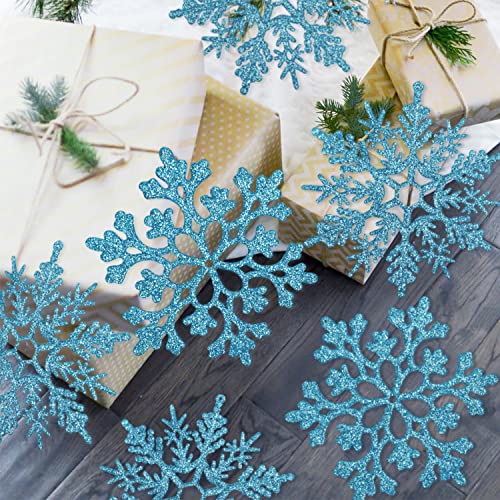 6pcs Large Snowflakes Ornaments Blue 12” Big Plastic Glitter Snowflake for Winter Indoor Outdoor Christmas Tree Window Room Decorations Giant Craft Snowflakes (6 Count)