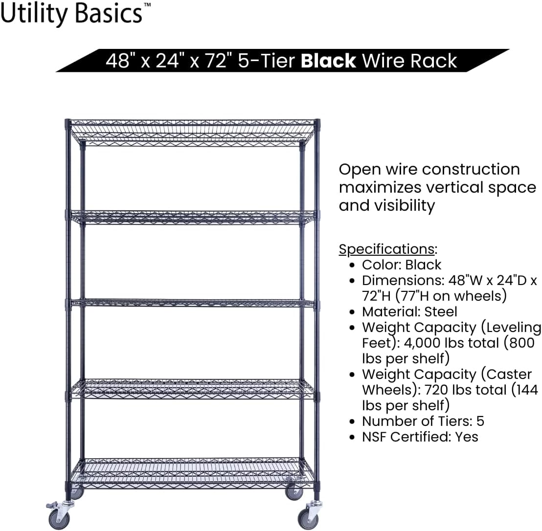 48"x24"x72" Black 5-Tier Premium Wire Shelving NSF 4000 LBS MAX Capacity Heavy Duty Steel Storage Rack for Warehouses, Garages, Hospitals, Commercial Spaces, & Schools w/Premium Wheels - NestledHome
