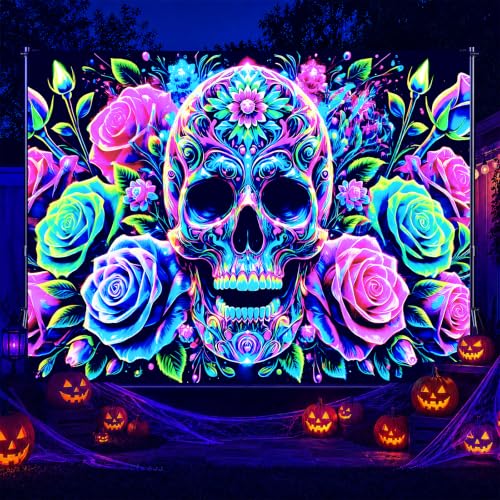 Blacklight Tapestry Floral Skull Room Decor 78 x 59 Inch