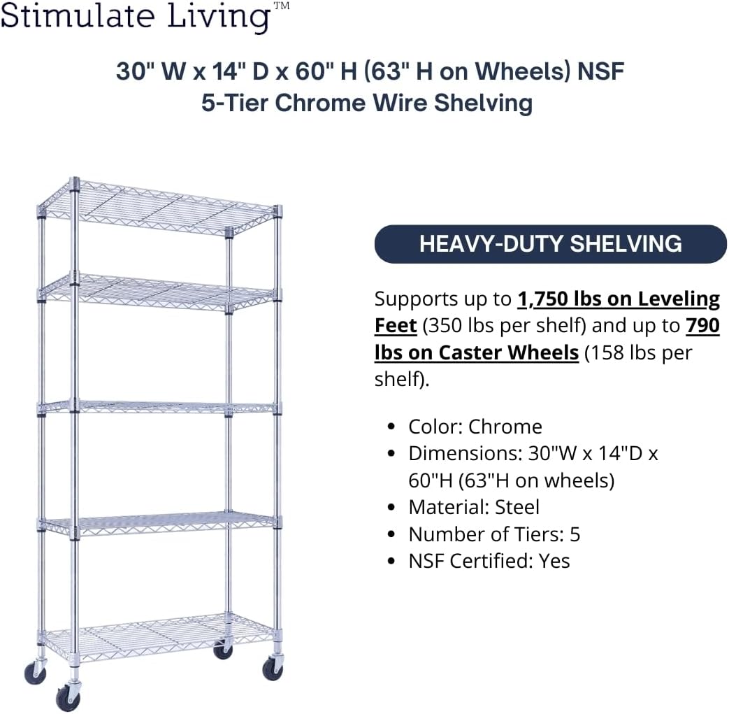 30"x14"x60" PRIME HEAVY DUTY Chrome 5-Tier Wire Shelving 1,750 LBS MAX Capacity Storage Rack for Commercial, School, Home, Garage, Warehouse, Industrial, and Hospital Uses (with Wheels) - NestledHome