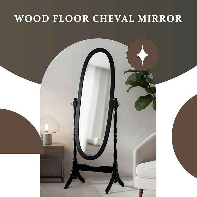Full Length Mirror with Stand, Vintage Style Wood Floor Cheval Mirror, Traditional Adjustable Free Standing Mirrors Full Length (Black)