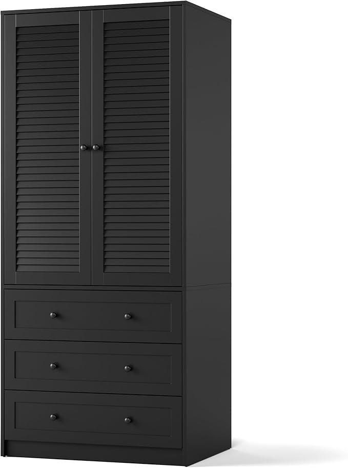 GarveeHome Armoire Wardrobe Closet with Drawers, 69.5 in Wooden Wardrobe Cabinet with Hanging Rod, 2 Doors Clothing Storage Cabinet for Bedroom, Large Capacity Storage, Louvered Door, Black