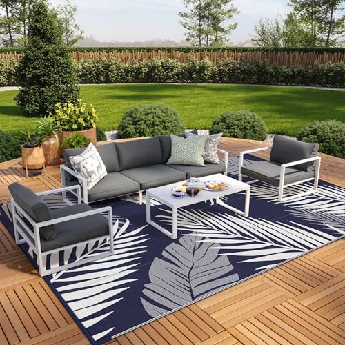 Outdoor Rug Waterproof Plastic Rugs 9'x18' for Camping Blue White