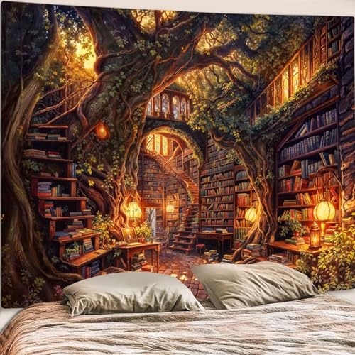 Forest Library Tapestry Tree Bookshelf Tapestries Wall Hanging Vintage Fantasy Fairy Treehouse Book Extra Large Tapestry for Bedroom Living Room Dorm Classroom 90 x 68 inch