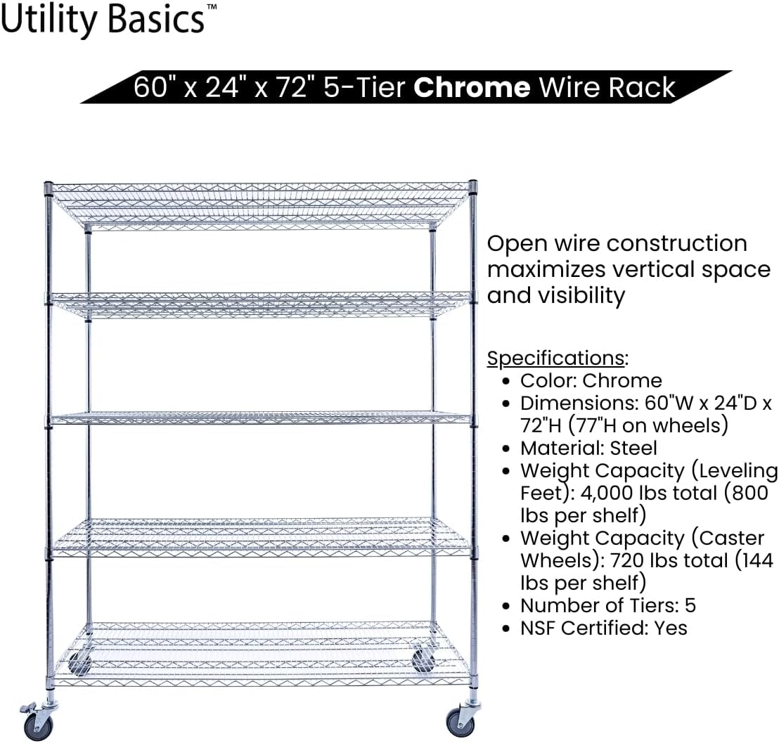 60"x24"x72" Chrome 5-Tier PREMIUM Wire Shelving NSF 4000 LBS MAX CAPACITY Heavy Duty Steel Storage Rack for Warehouses, Garages, Hospitals, Commercial Spaces, & Schools w/PREMIUM WHEELS - NestledHome