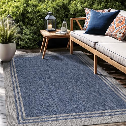 Bordered Outdoor Rug 8x10 Washable Outside Carpet for Indoor Patio Porch Waterproof Easy Cleaning Non Shedding Area Rugs Navy 8 x 10