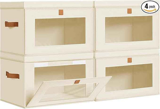 DIMJ Storage Bins with Lids - 4 Pack Large Fabric Closet Organizer with Window & Handles, Collapsible Decorative Storage Boxes for Shelves Under Bed, Books Clothes Blankets Sweaters Organization