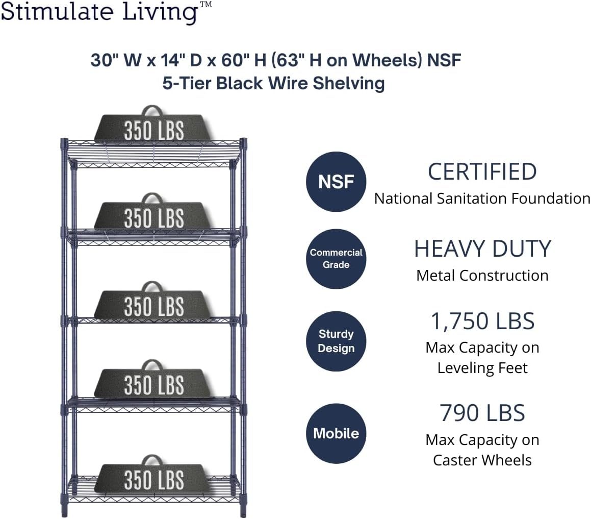 30"x14"x60" PRIME HEAVY DUTY Black 5-Tier Wire Shelving 1,750 LBS MAX Capacity Storage Rack for Commercial, School, Home, Garage, Warehouse, Industrial, and Hospital Uses (with Wheels) - NestledHome