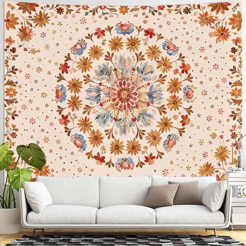 Boho Floral Mandala Tapestry Wall Hanging Watercolor Bohemian Flower Medallion Tapestry Aesthetic Beige Orange Hippie Indian Large Tapestries for Bedroom Living Room Dorm Decor 80 x 60 Inch