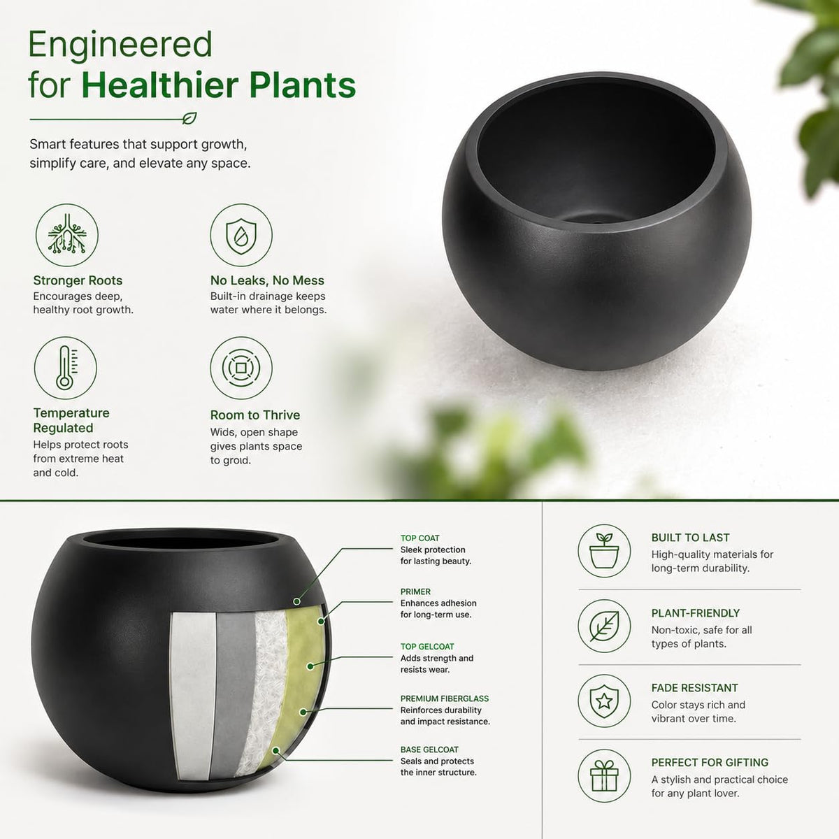 Fiberstone Large Round Planter for Indoor Outdoor Use