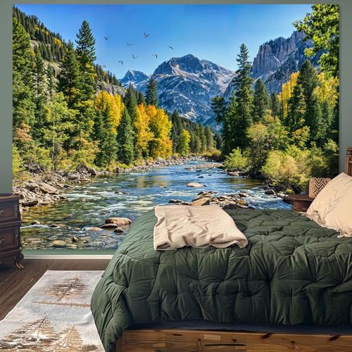 Nature Forest Mountain Tapestry Green Pine Tree Tapestry for Bedroom Aesthetic Flowing River Landscape Tapestries Wall Hanging Bird Decor for Living Room Classroom Dorm Office