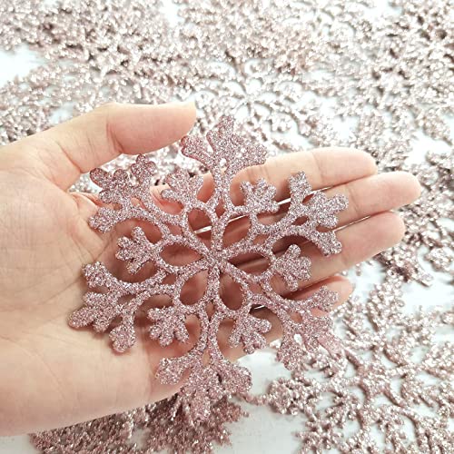 36pcs Christmas Rose Gold Snowflake Ornaments Plastic Glitter Snow Flakes Ornaments for Winter Christmas Tree Decorations Size Varies Craft Snowflakes (36 Count)