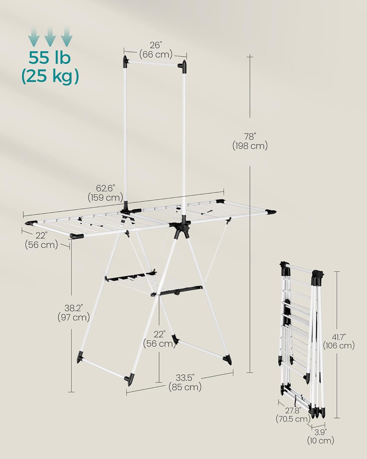 SONGMICS Clothes Drying Rack, Foldable 2-Level Laundry Drying Rack, Free-Standing Airer, 1 Additional Tall Hanging Bar, 2 Height-Adjustable Wings, 24 Drying Rails, Space Savng, Simply White ULLR521W01 - NestledHome