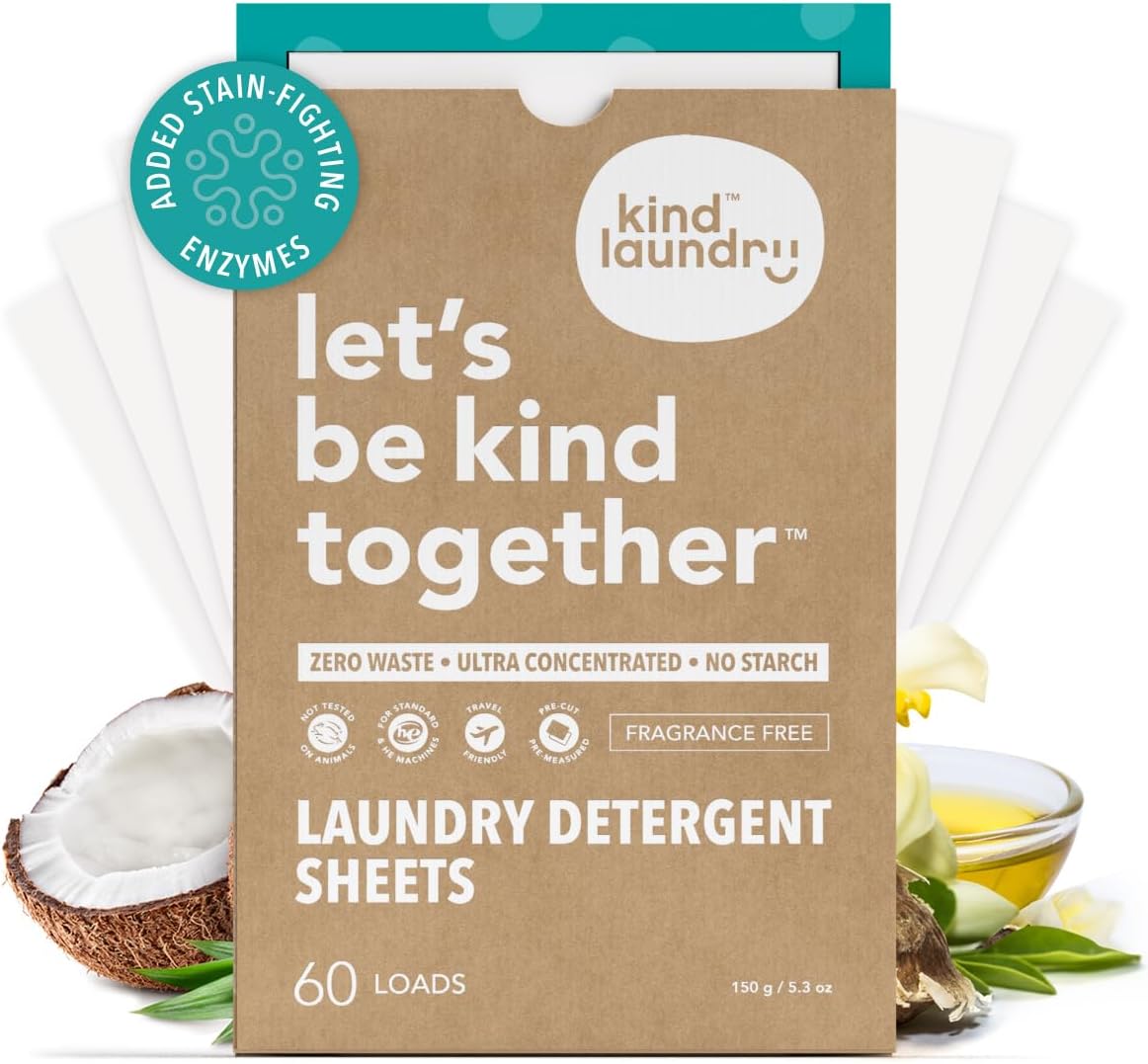 Kind Laundry Detergent Sheets with Stain-Fighting Enzymes - Plant Powered Eco-Friendly Laundry Soap Sheets - Home or Travel Laundry Detergent Fragrance Free, 60 Loads (Mom's Choice Award Winner) - NestledHome