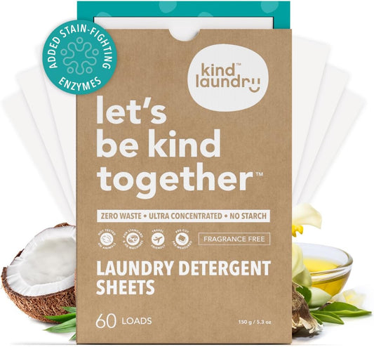 Kind Laundry Detergent Sheets with Stain-Fighting Enzymes - Plant Powered Eco-Friendly Laundry Soap Sheets - Home or Travel Laundry Detergent Fragrance Free, 60 Loads (Mom's Choice Award Winner) - NestledHome
