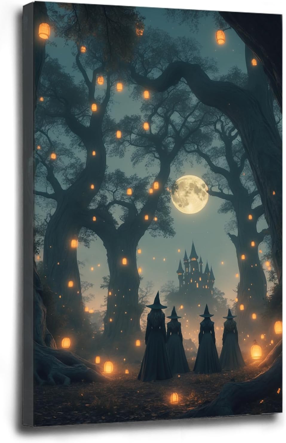 Mysterious creek painting witch and castle in magic forest art print canvas gothic print dark college decoration poster for home bedroom8x12in Wood Framed