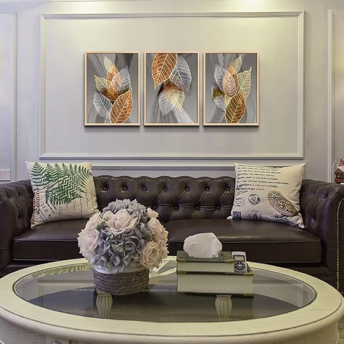 Natural Framed Canvas Wall Art - 3 Piece Abstract Leaves Prints for Living Room, Bedroom, Modern Bathroom, Kitchen Decor